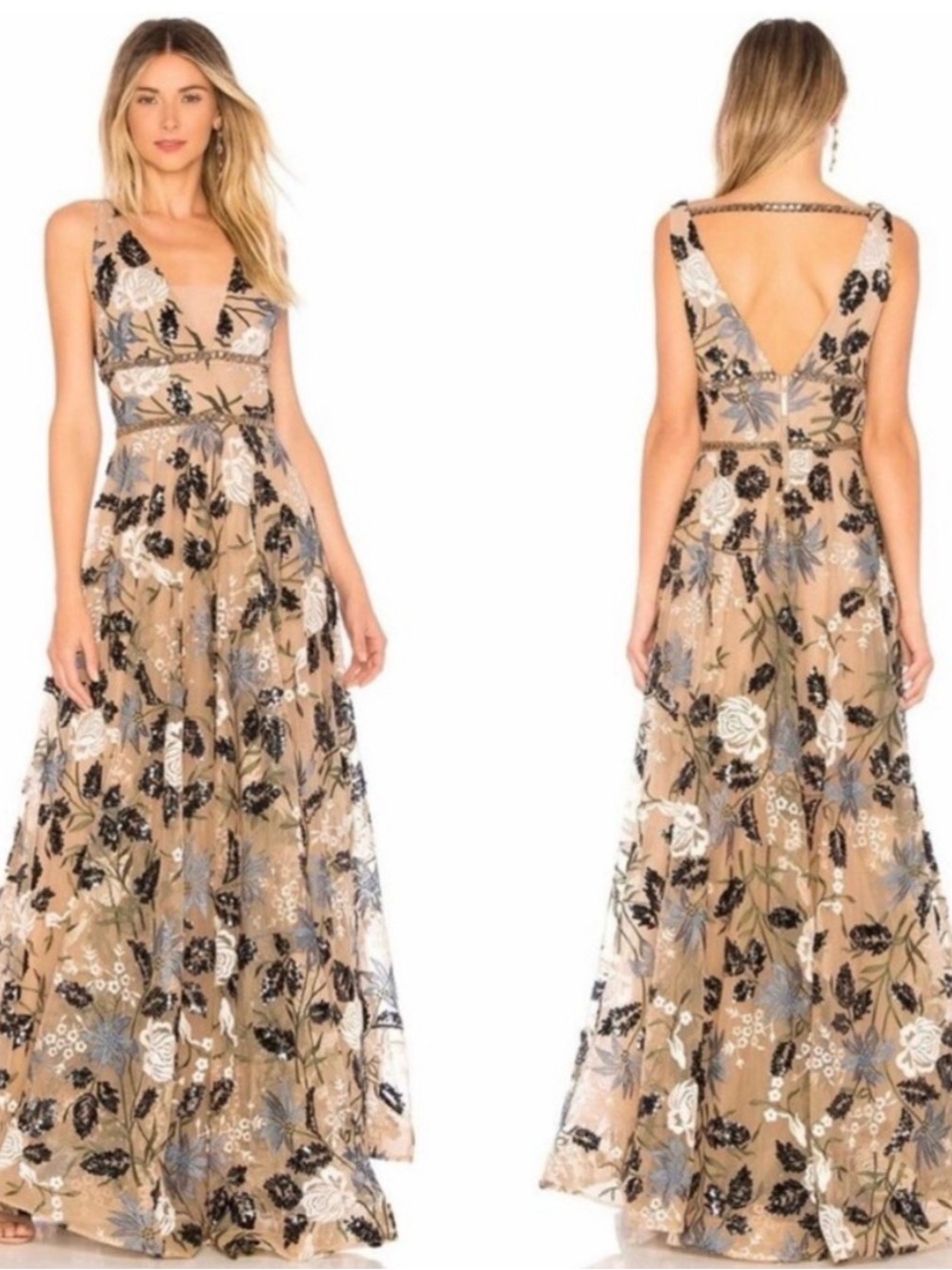 Revolve Bronx and Banco Tunisia Plunge Embroidered V-Neck Floral Evening Gown